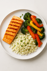 Gegrilde zalm met bloemkoolrijst